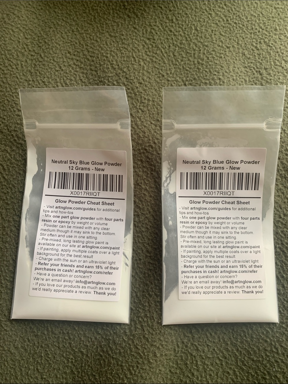 New artnglow Neutal Sky Blue Glow Powder. 12 grams. Set of 2.